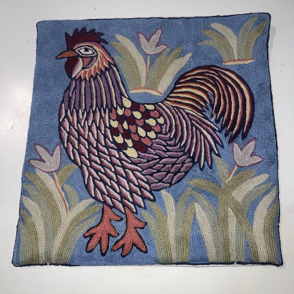 Pillow Rooster Chicken Crewel VTG Blue Green Multi Color Canvas backed No Insert